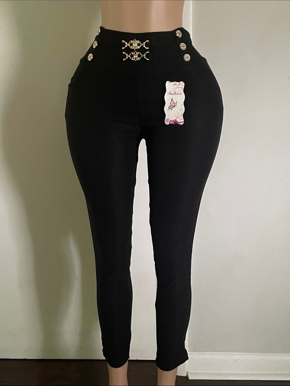 High-Rise Black Skinny Ponte Pants with Gold Accent Buttons